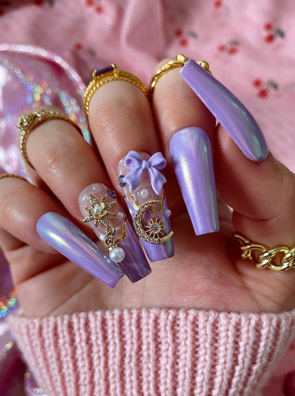 lilac chrome bow nails