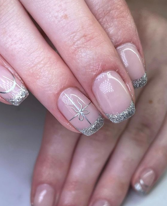 silver french tip present bow nails