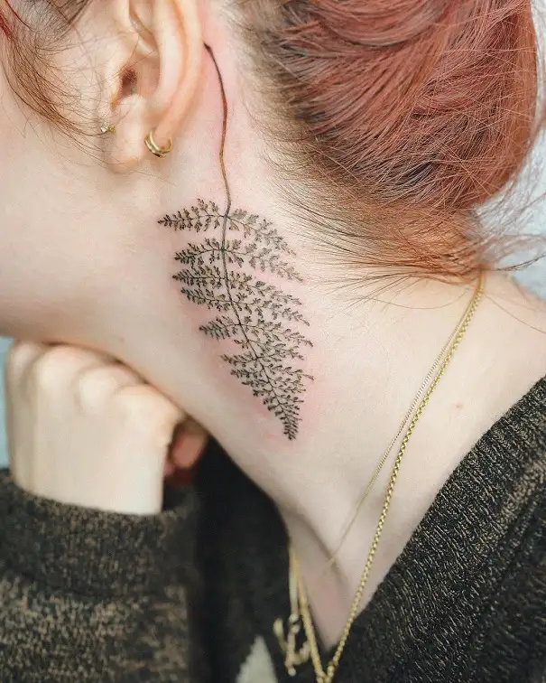 Botanical Fern Tattoo On The Neck