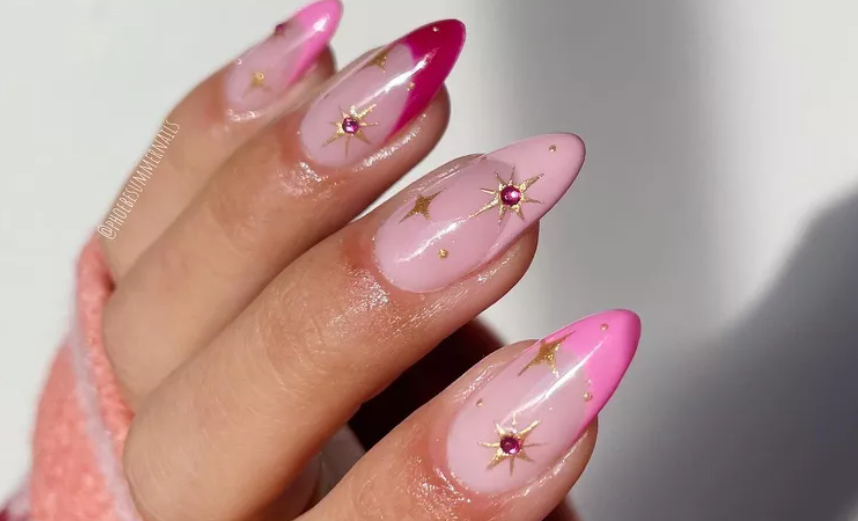 hot pink and gold nails