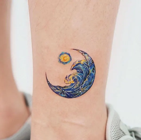 Van Gogh wave tattoo on the ankle by @fluffy_tattoo