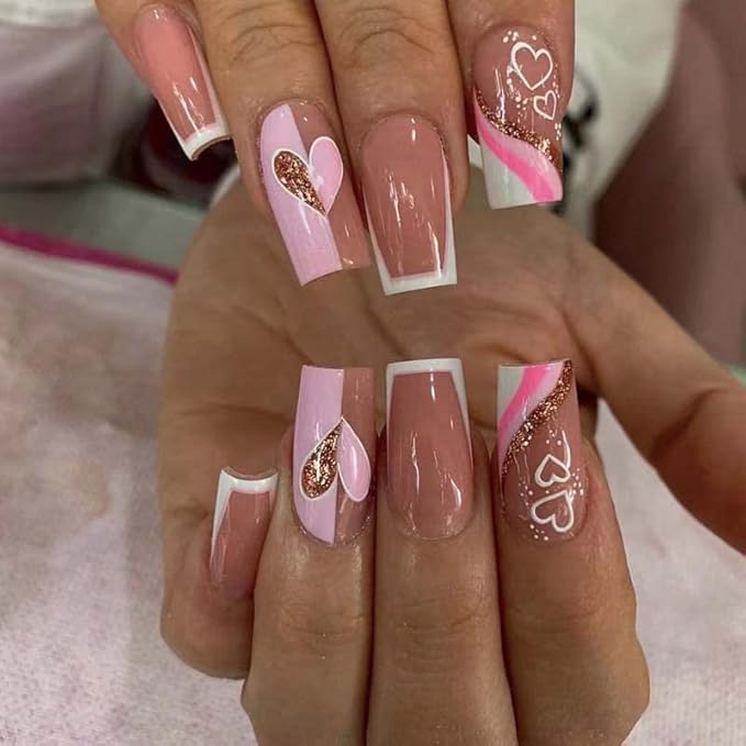 RikView French Tip Press on Nails Medium Pink Fake Nails White Nails for Women Coffin Acrylic Nails with Heart Design