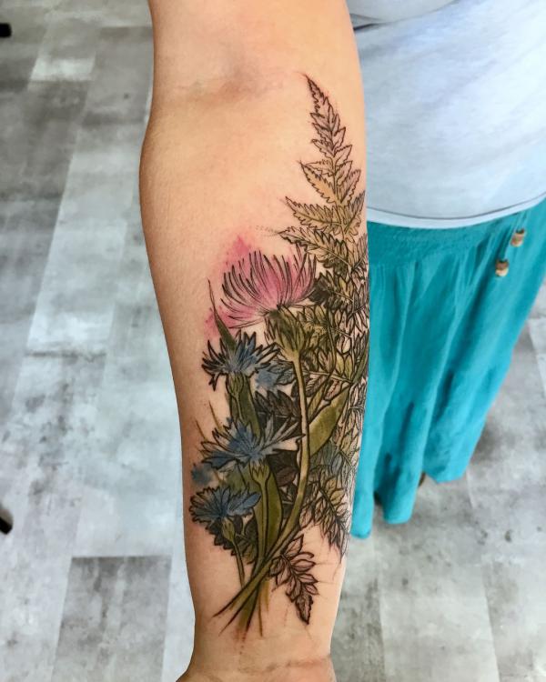 Cornflower thistle and fern tattoo
