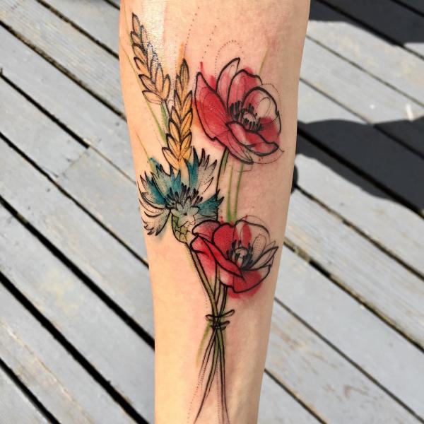 Watercolor Cornflower and rose tattoo