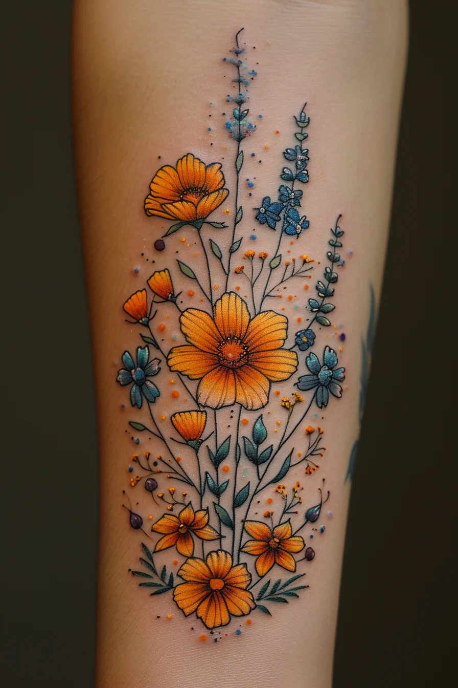 A vibrant arrangement of orange and blue flowers creates a stunning contrast, making each bloom stand out. The detailed petals and delicate leaves add a realistic touch, while tiny dots of color scattered throughout the design add depth and dimension. This tattoo exudes energy and beauty with its lively colors and intricate details.