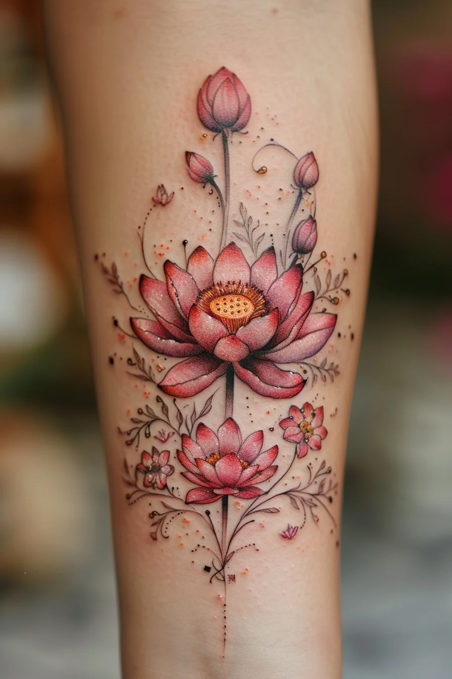 A stunning lotus flower design features vibrant pink petals and delicate buds. The intricate detailing of the petals and the soft shading create a lifelike appearance. Surrounding elements like tiny flowers and leaves add depth and elegance, making this tattoo a symbol of purity and beauty.