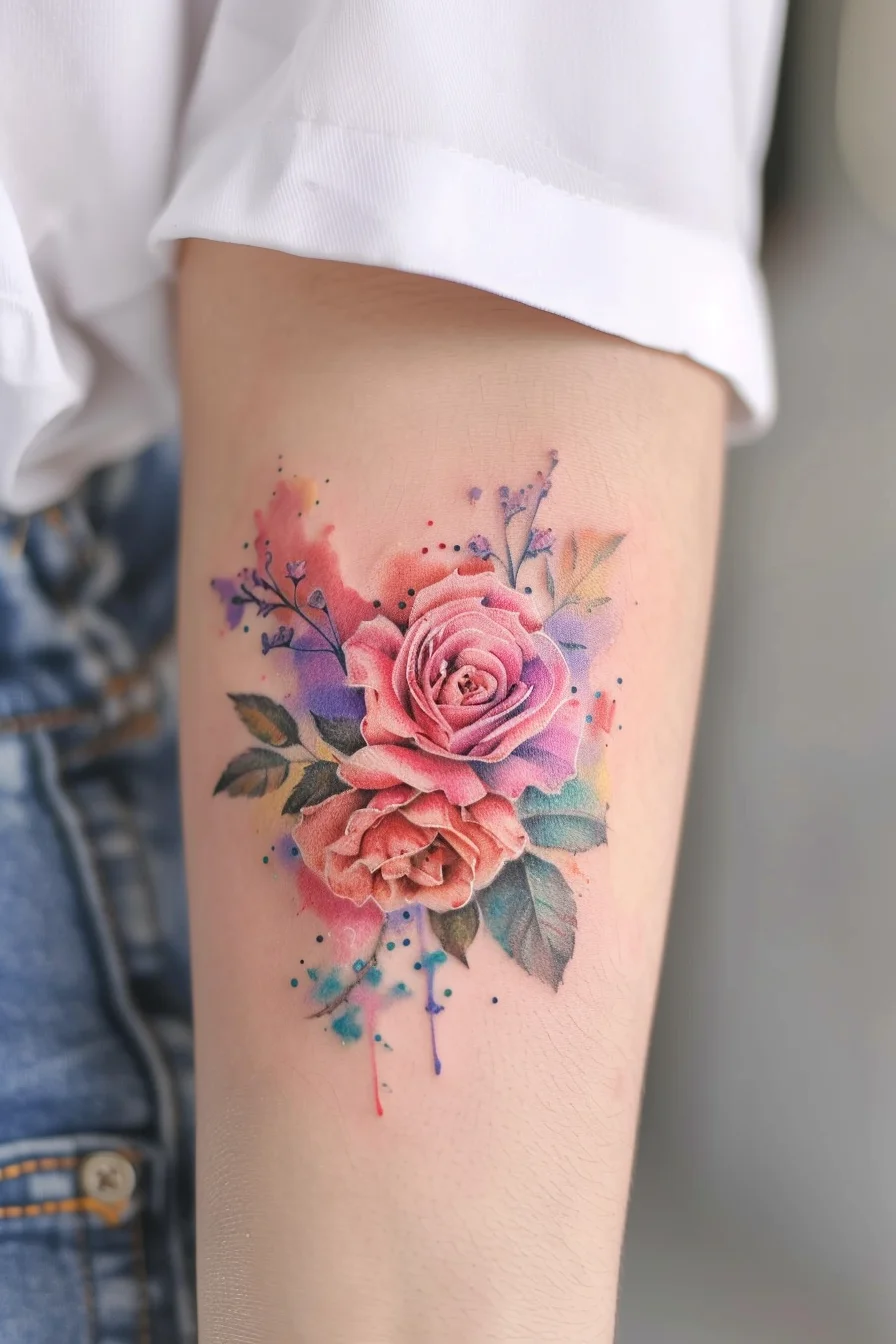 A stunning rose tattoo showcases a pair of pink roses in full bloom, surrounded by splashes of watercolor in pastel shades. The roses are detailed with soft shading, making them appear realistic and lush. The addition of tiny lavender buds and leaves adds depth and a touch of elegance to the overall design.